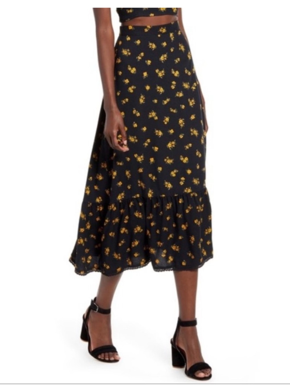 TEN SIXTY SHERMAN - Black Floral Midi Skirt with Ruffle Hem - Like New Medium!